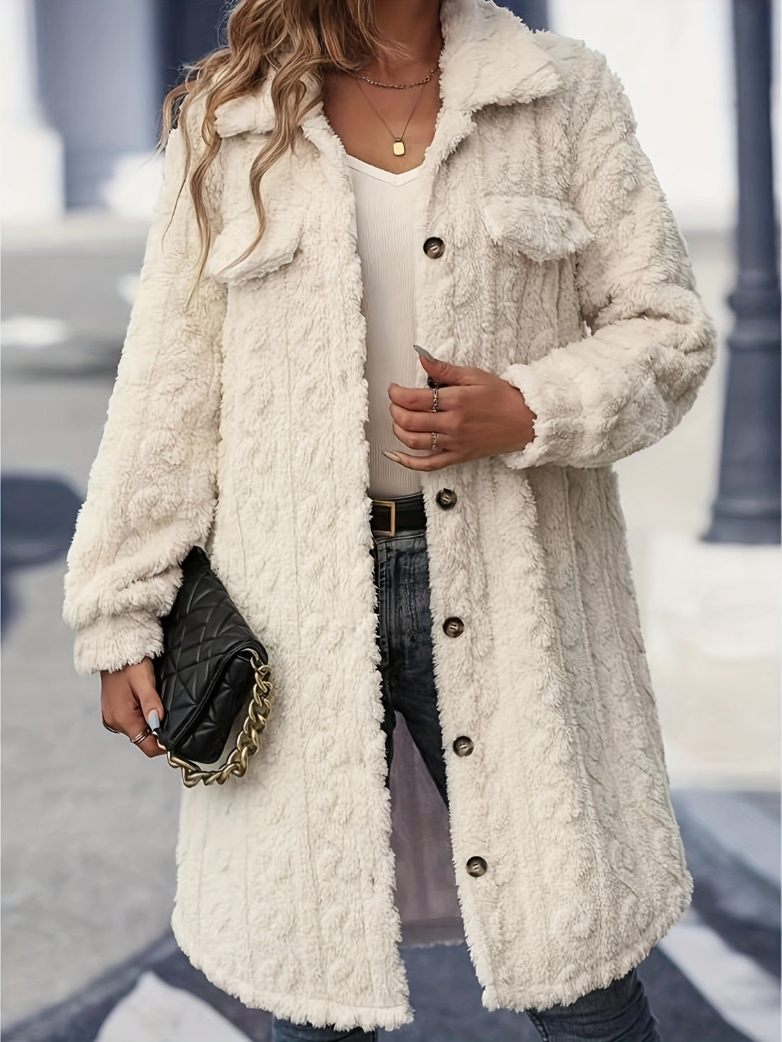 Button Up Long Sleeve Fuzzy Coat